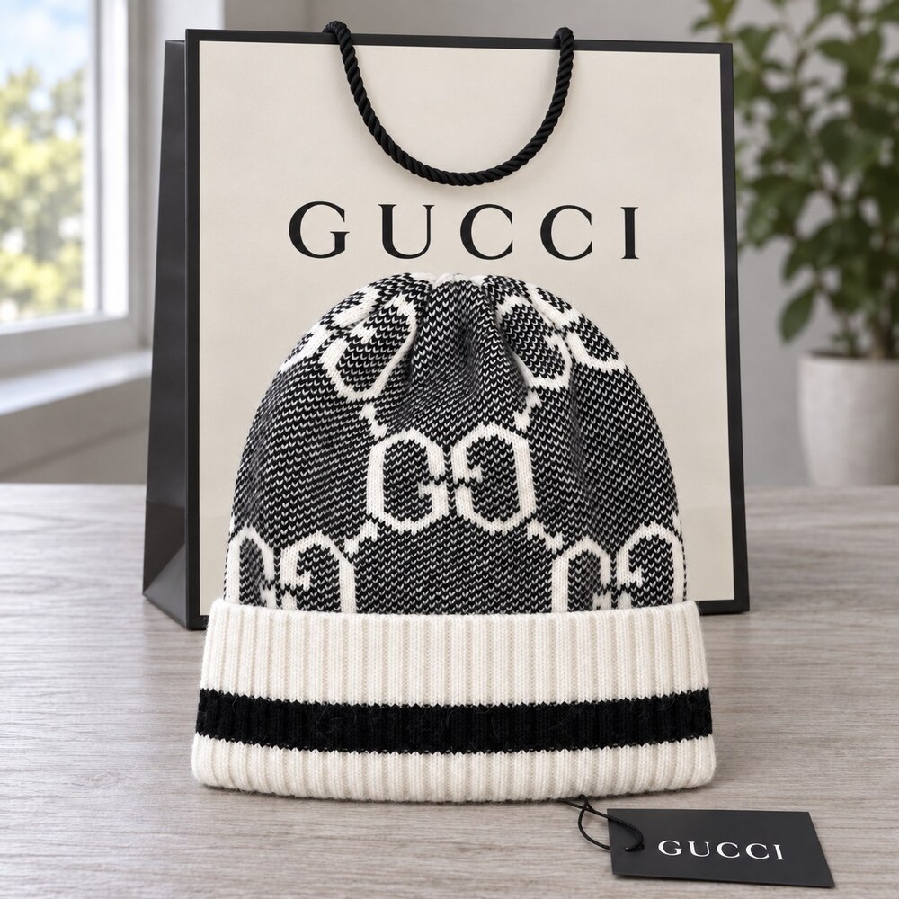 Gucci Black & Ivory GG Knit Beanie